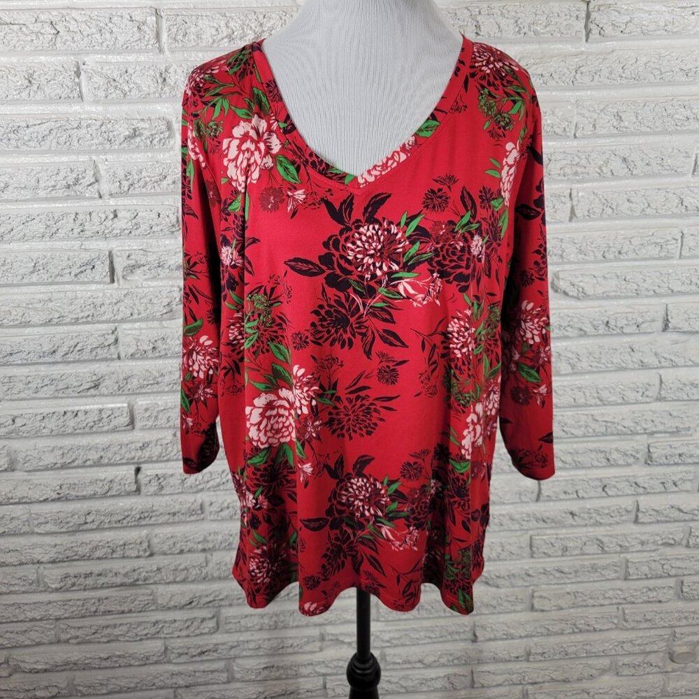 Pioneer Woman Womens Top XXL Plus 3/4‎ Sleeve Red Black Floral Comfy FLO156E